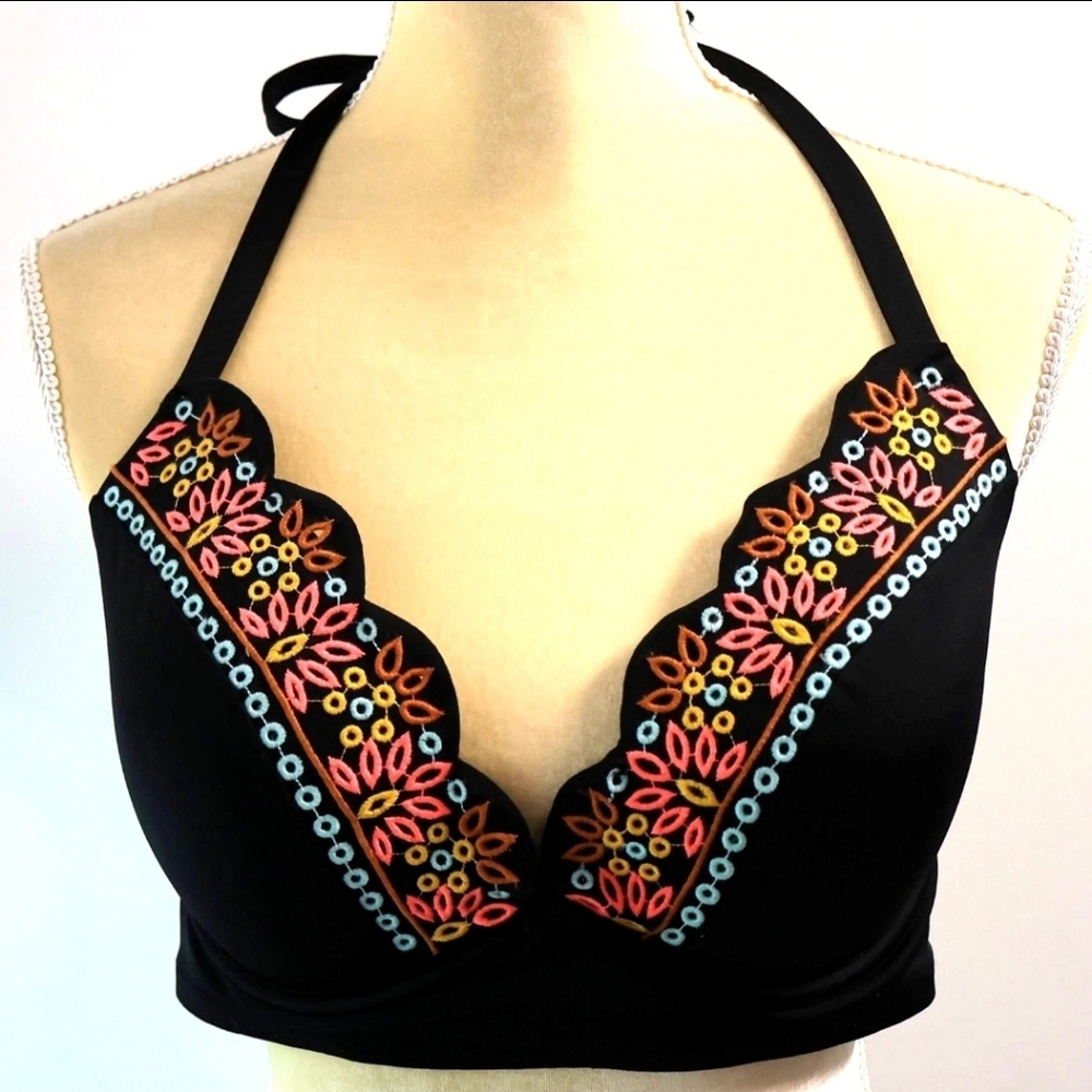 Shade & Shore Padded Underwire Tropics Bikini Top, Black/Multi, Size 36DD NWOT
